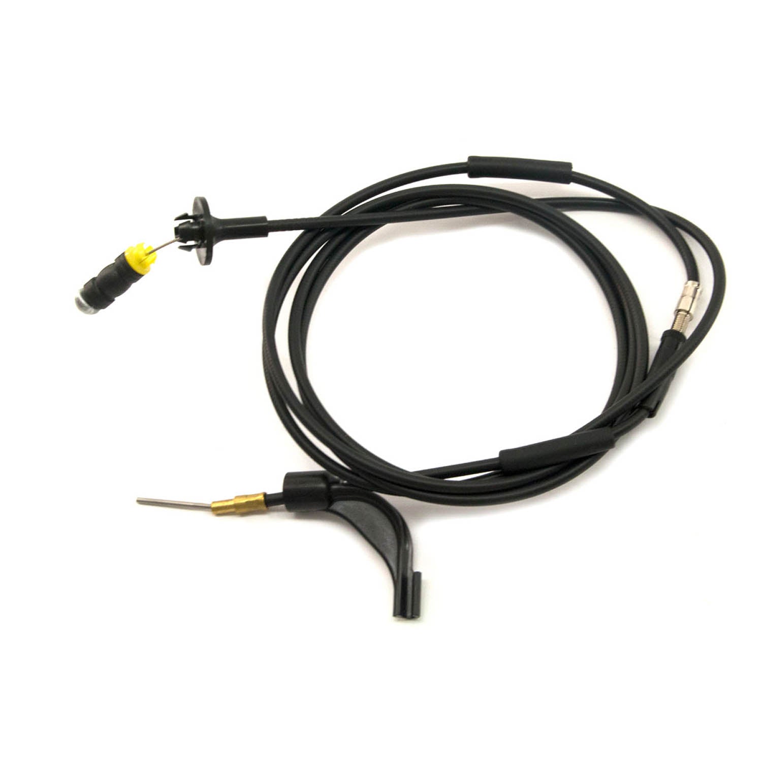 Black flexible throttle cable with metal tip and yellow connector end for Polaris UTVs.