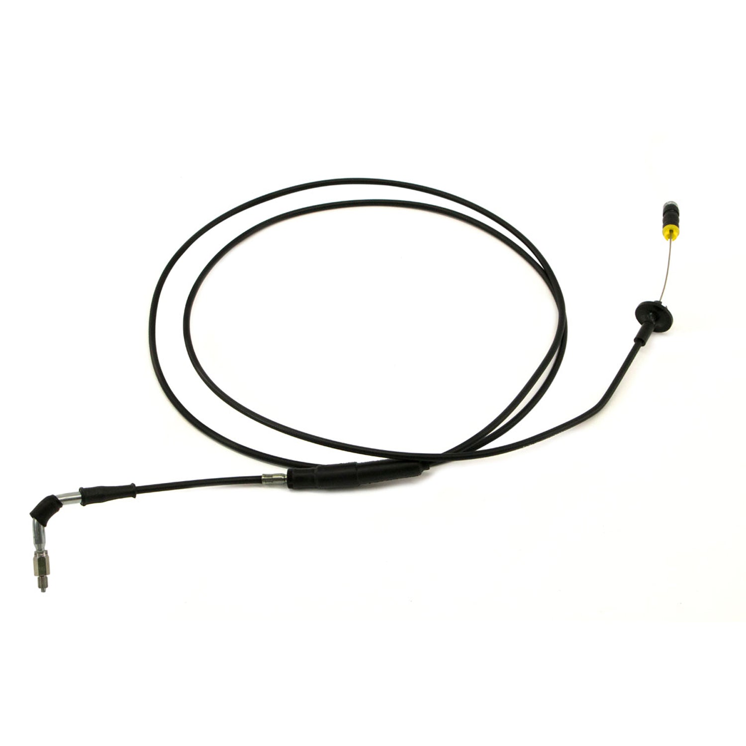 Black throttle cable with metal and plastic connectors, flexible outer casing, and yellow-tipped end.
