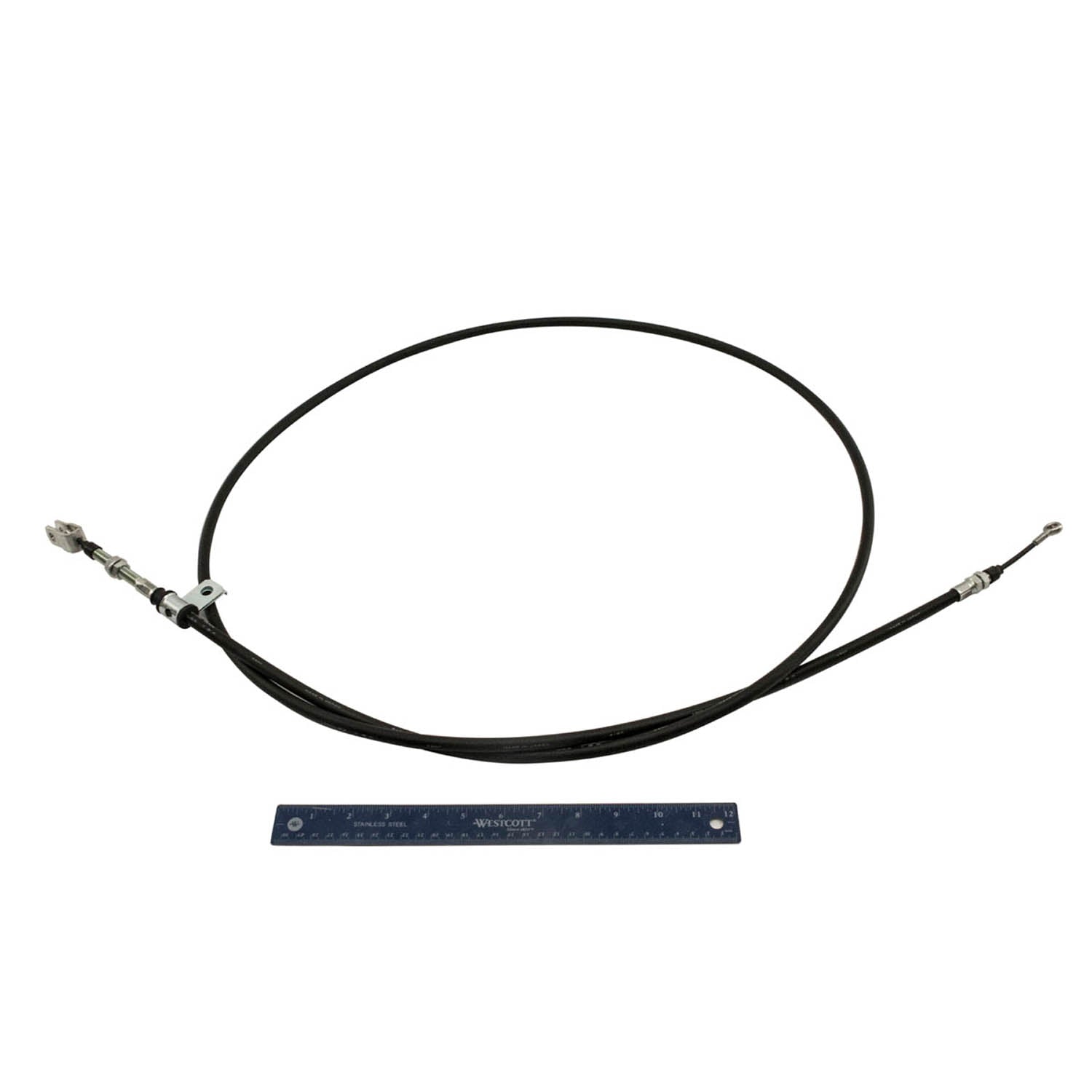 Black brake cable with metal fittings on both ends, laid next to a blue 12-inch ruler for scale.