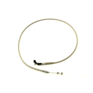 Flexible gray throttle cable with black plastic connector and metal end fittings.
