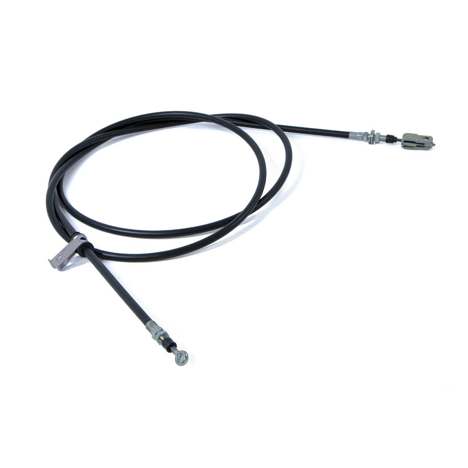 Black flexible parking brake cable with metal connectors and mounting bracket ends.