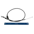 Black throttle push cable with metal ends and a small ball fitting, laid next to a blue 12-inch ruler for scale.