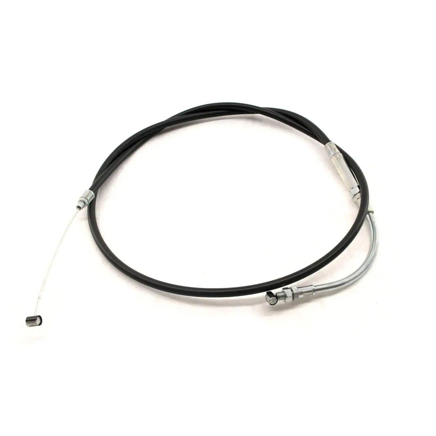 The Victory Clutch Cable by Polaris features black and silver coloring with metal fittings on both ends, coiled in a loose circle—ideal for anyone in need of OEM Victory parts from Witchdoctors.