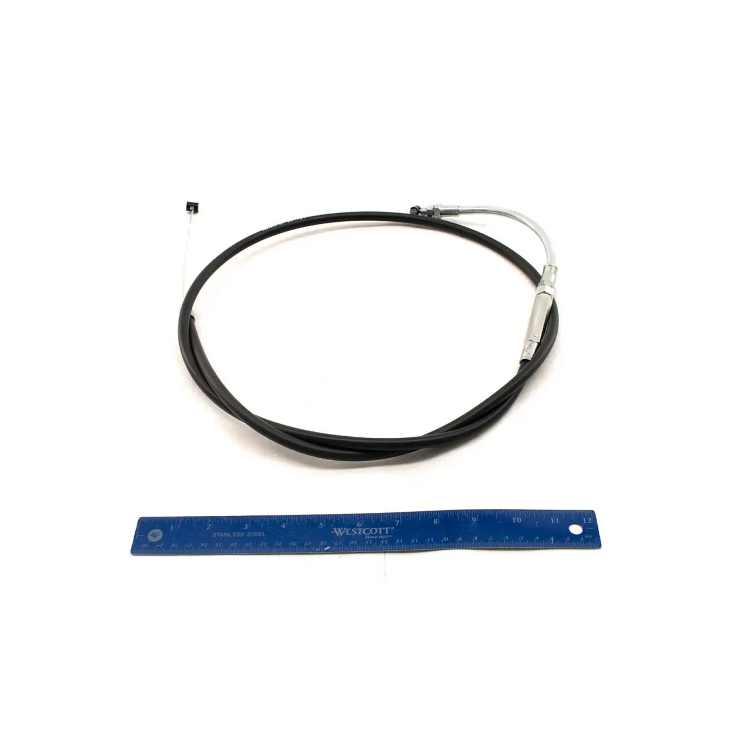 A Victory Clutch Cable by Polaris with metal ends is coiled above a blue 12-inch ruler on a white background—ideal for those seeking genuine Victory parts.