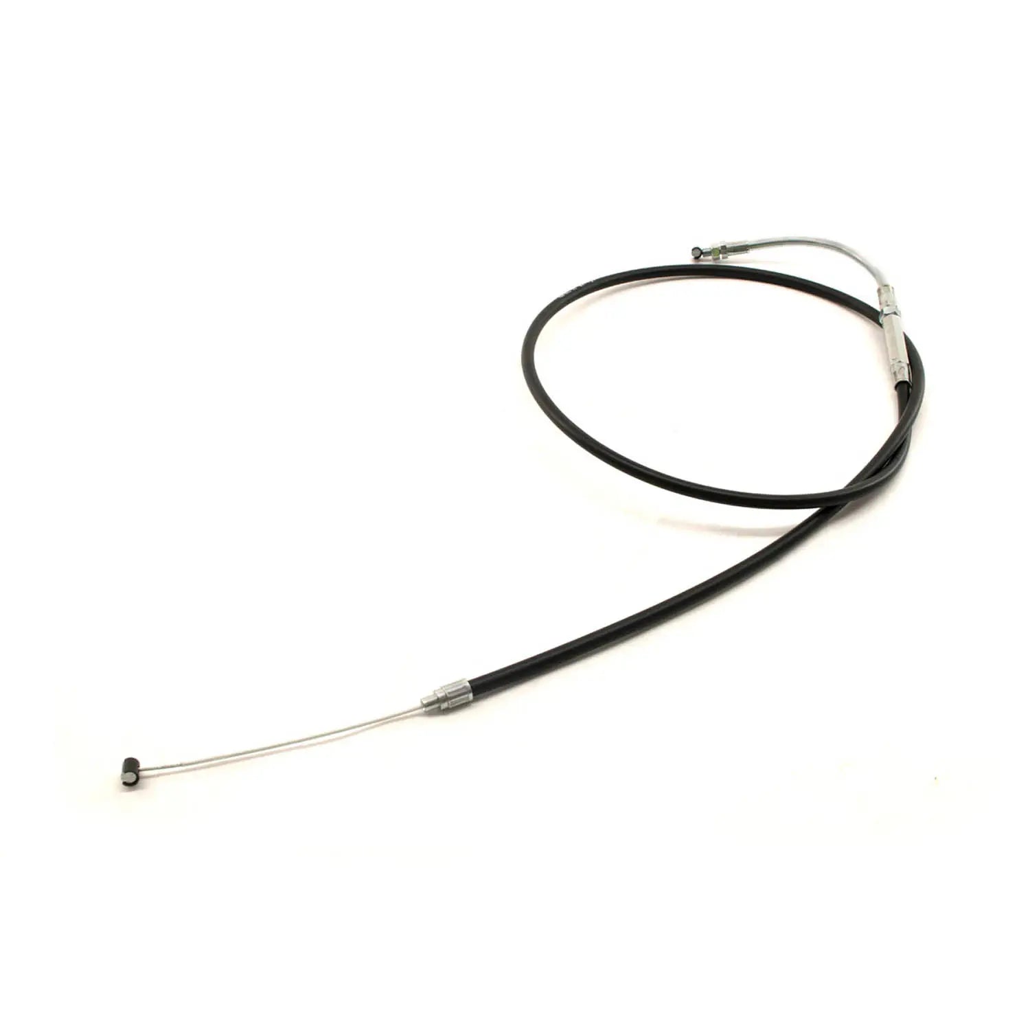 The Victory Clutch Cable by Polaris, featuring a black and silver design with a metal tip, is coiled in a loop on a white background—compatible as an OEM Victory motorcycle part from Witchdoctors.