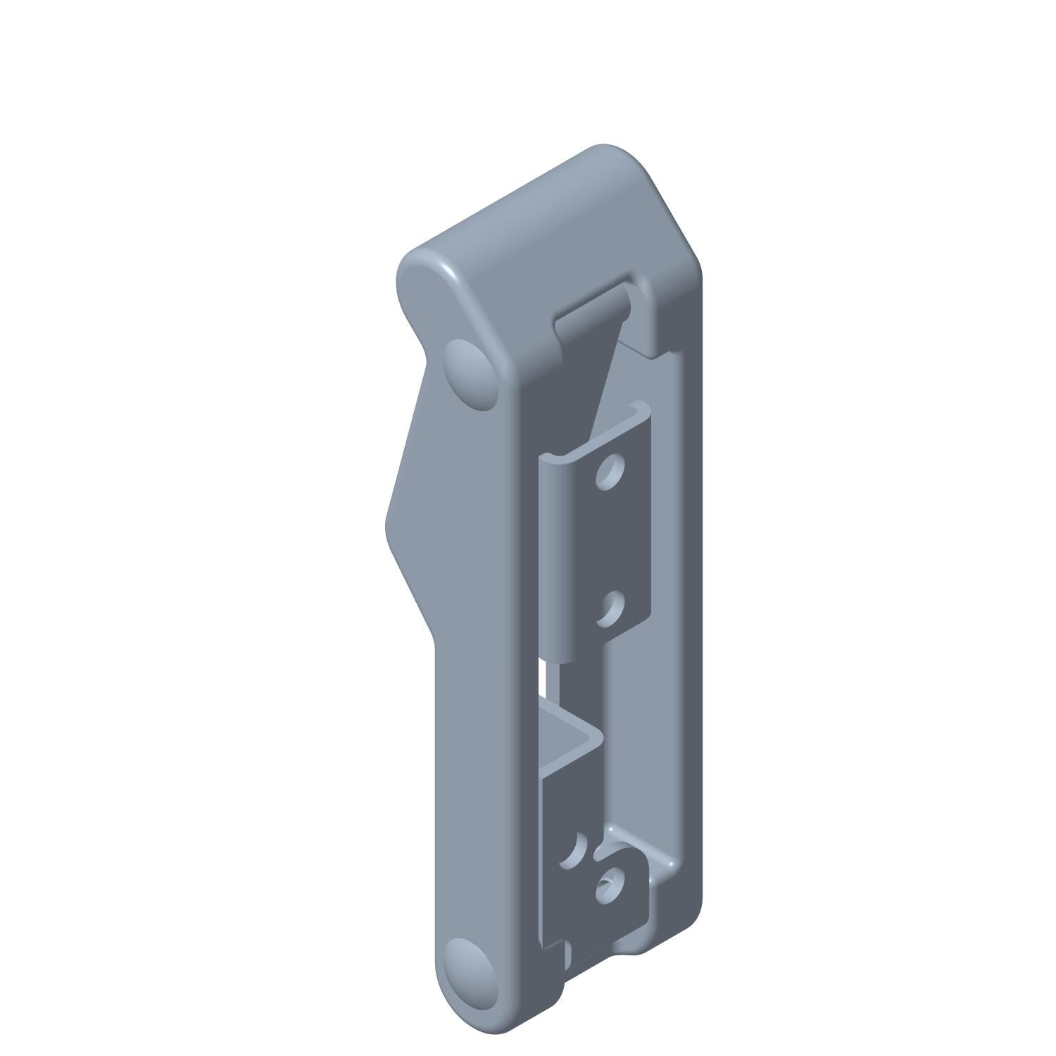 Gray metal storage locking latch with rectangular base and hinge mechanism.