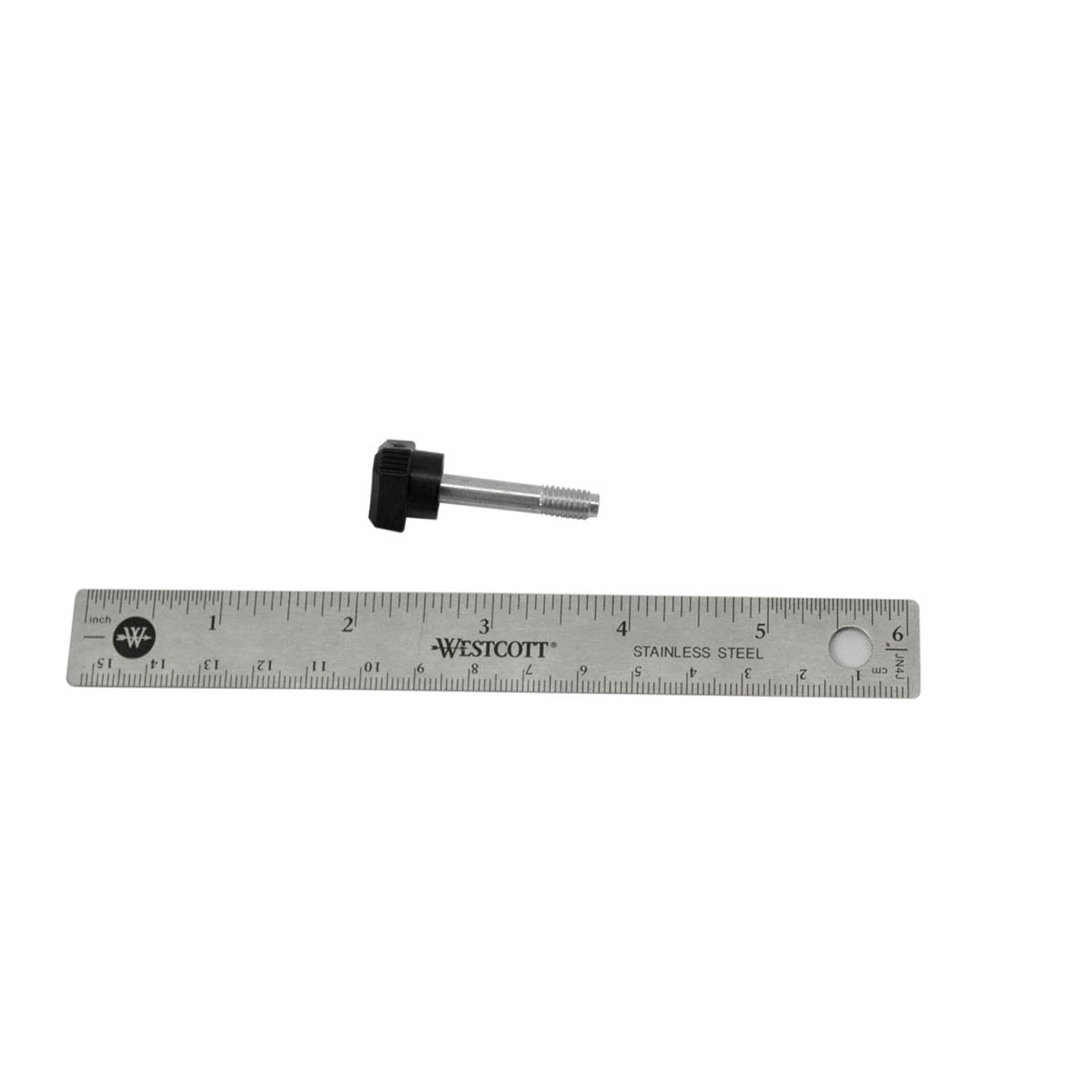 Small black cylindrical knob with short silver metal threaded shaft next to metal ruler showing 3-inch length.