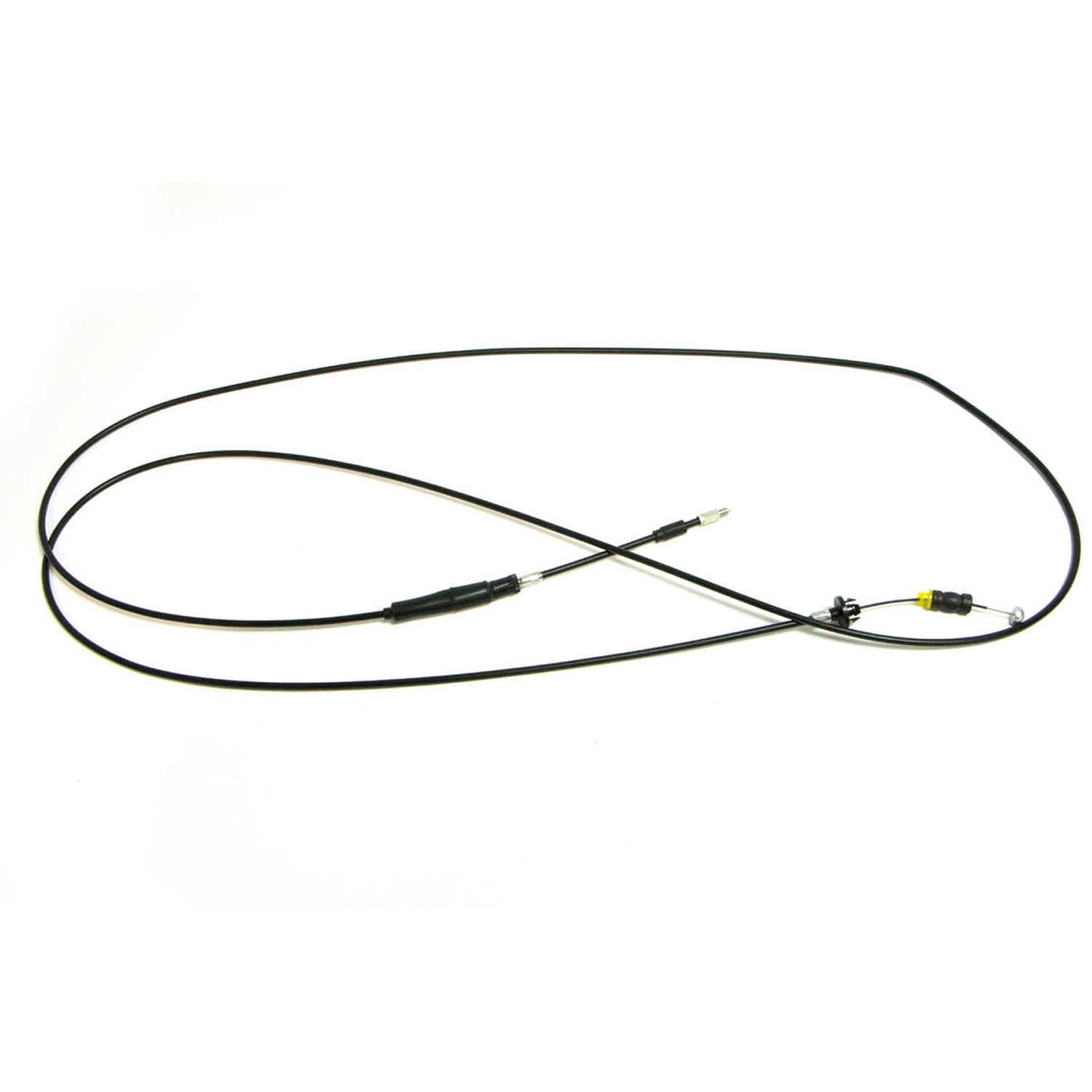 Black flexible throttle cable with metal connectors and protective sleeves on both ends.