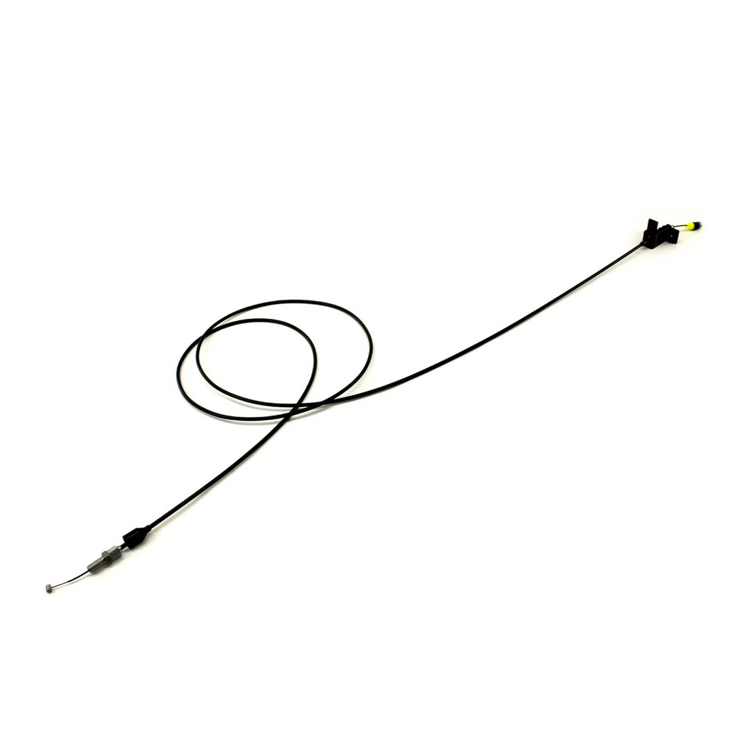 Black throttle cable with metal end fittings and a plastic connector for Polaris UTVs.