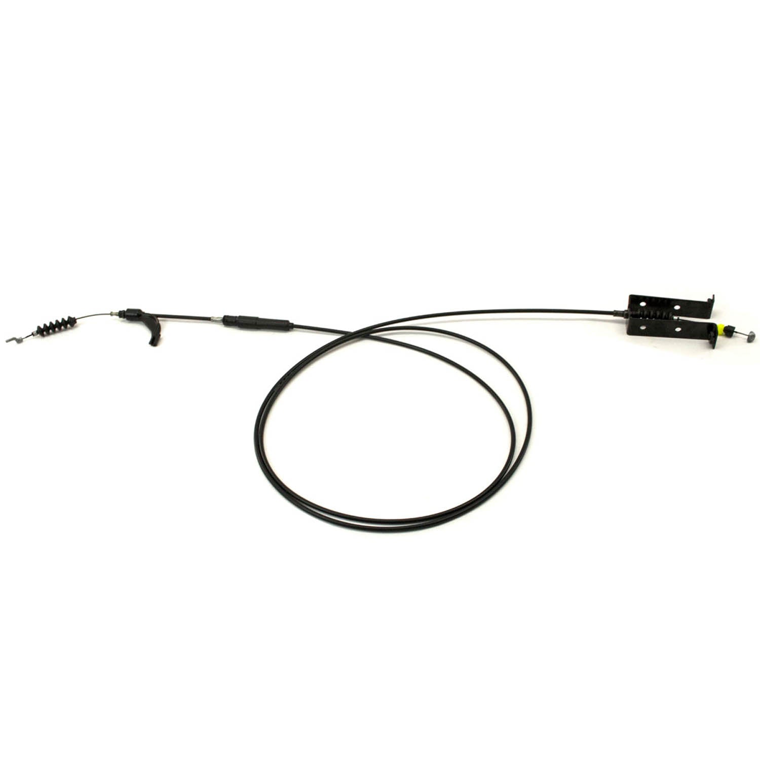 Black flexible throttle cable with metal connectors on both ends and a plastic mounting bracket.