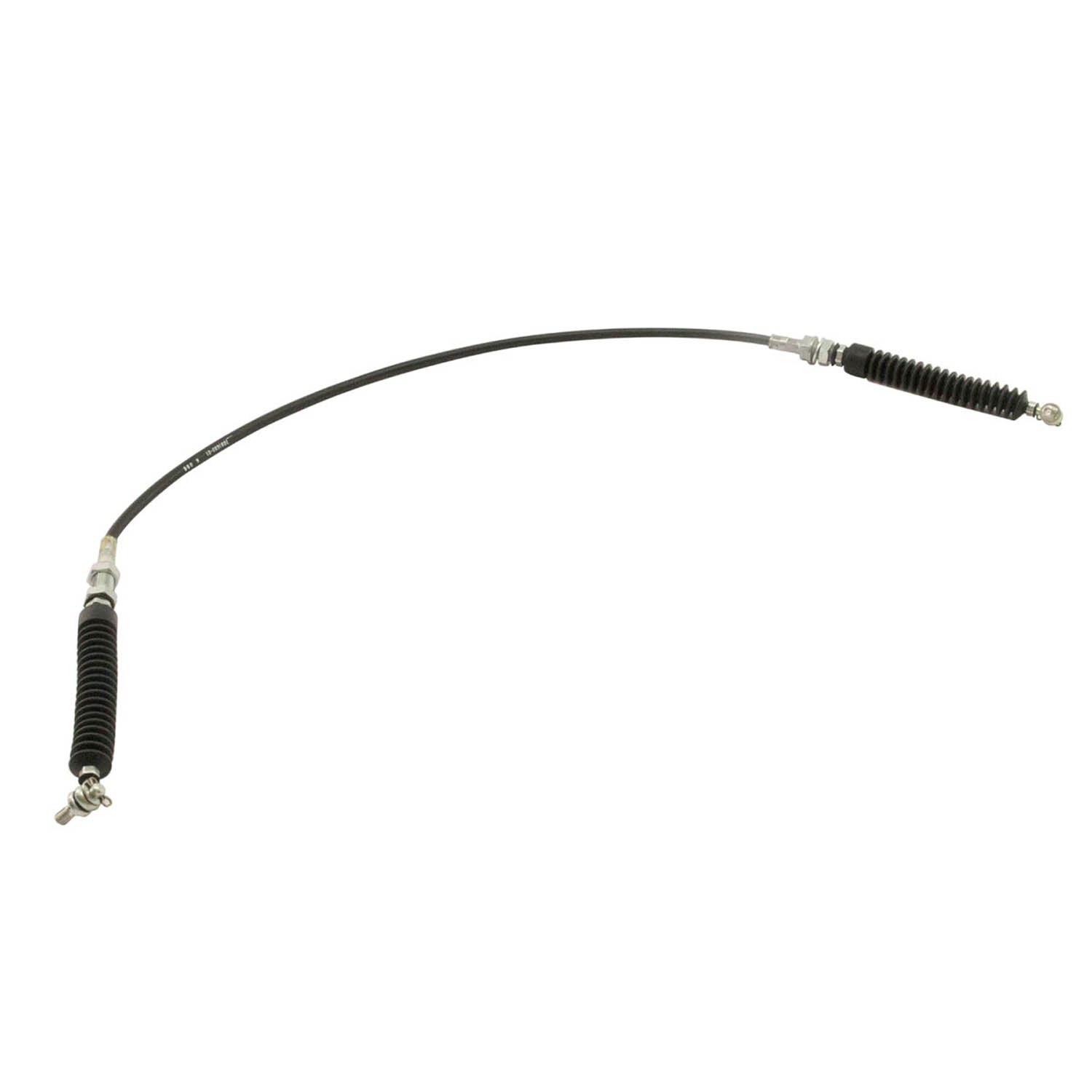 Black flexible shift cable with metal threaded ends and protective accordion boots on each side.