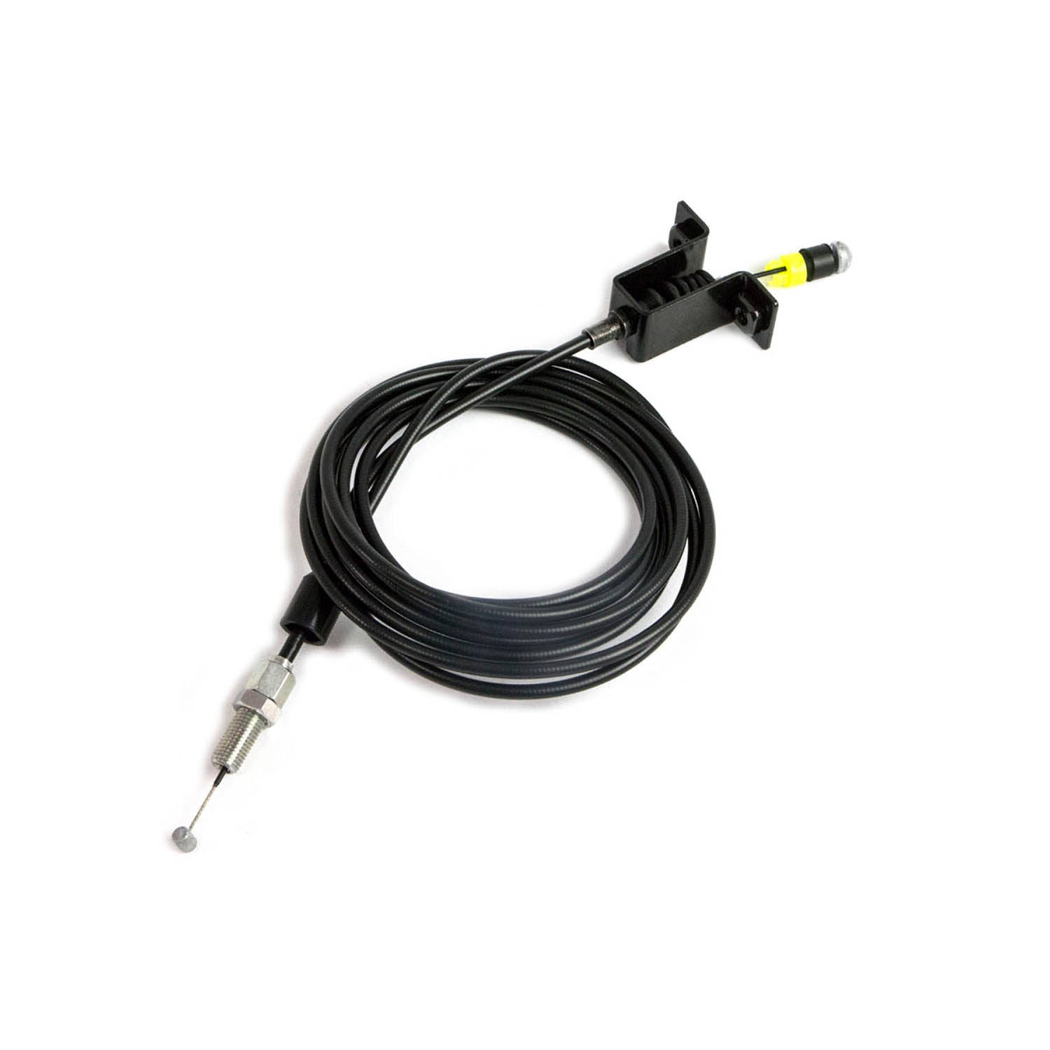 Black flexible throttle cable with metal connector and mounting bracket for offroad vehicle.