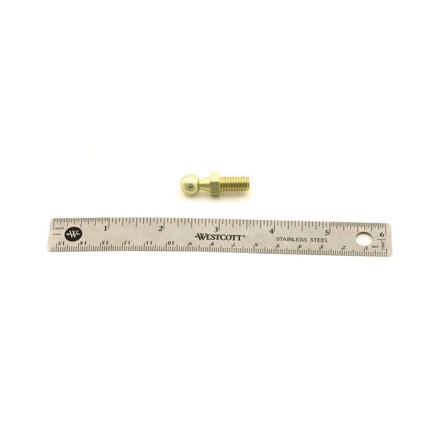 Small metallic ball end with 8mm diameter and 1.25mm thread next to 6-inch stainless steel ruler.