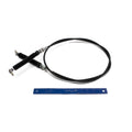 Black flexible shift cable with metal ends and protective rubber boots, shown next to a blue ruler for scale.