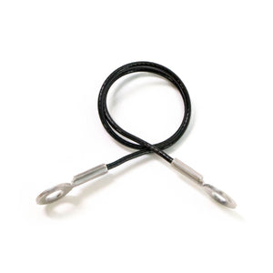 The Trunk Stop Cable by Polaris is a black cable with metal looped ends, coiled in a circle with both ends outward, shown on a white background. Perfect as an OEM parts replacement for your Indian motorcycle.