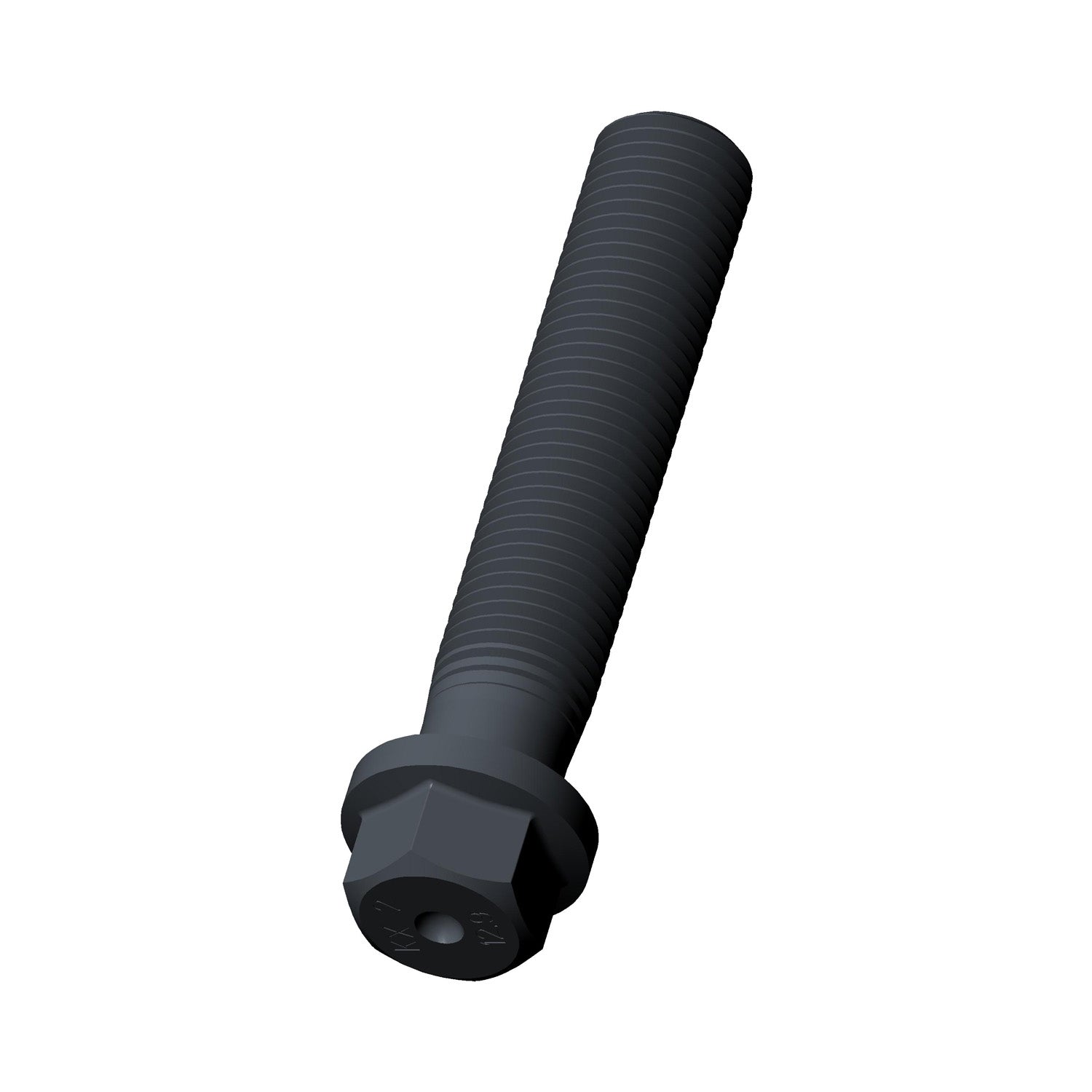 Black hex flange head screw with a threaded shaft and hexagonal shape.