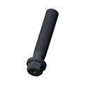 Black hex flange head screw with a threaded shaft and hexagonal shape.