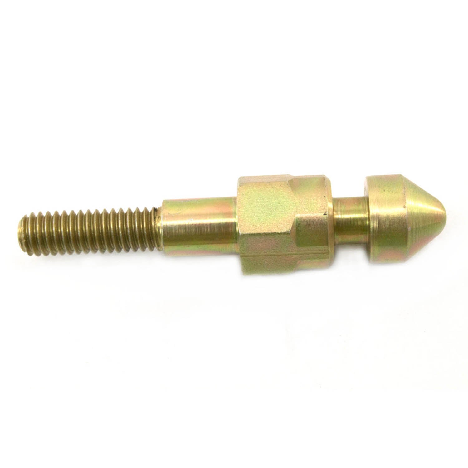 Brass-colored metal latch plunger with threaded screw and hexagonal middle section.