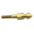Brass-colored metal latch plunger with threaded screw and hexagonal middle section.