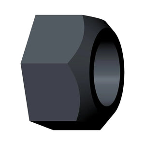 Black hexagonal metal nut with a threaded circular hole, heavy-duty finish.