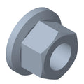 Silver hexagonal flange nut with integrated washer base and threaded center hole.