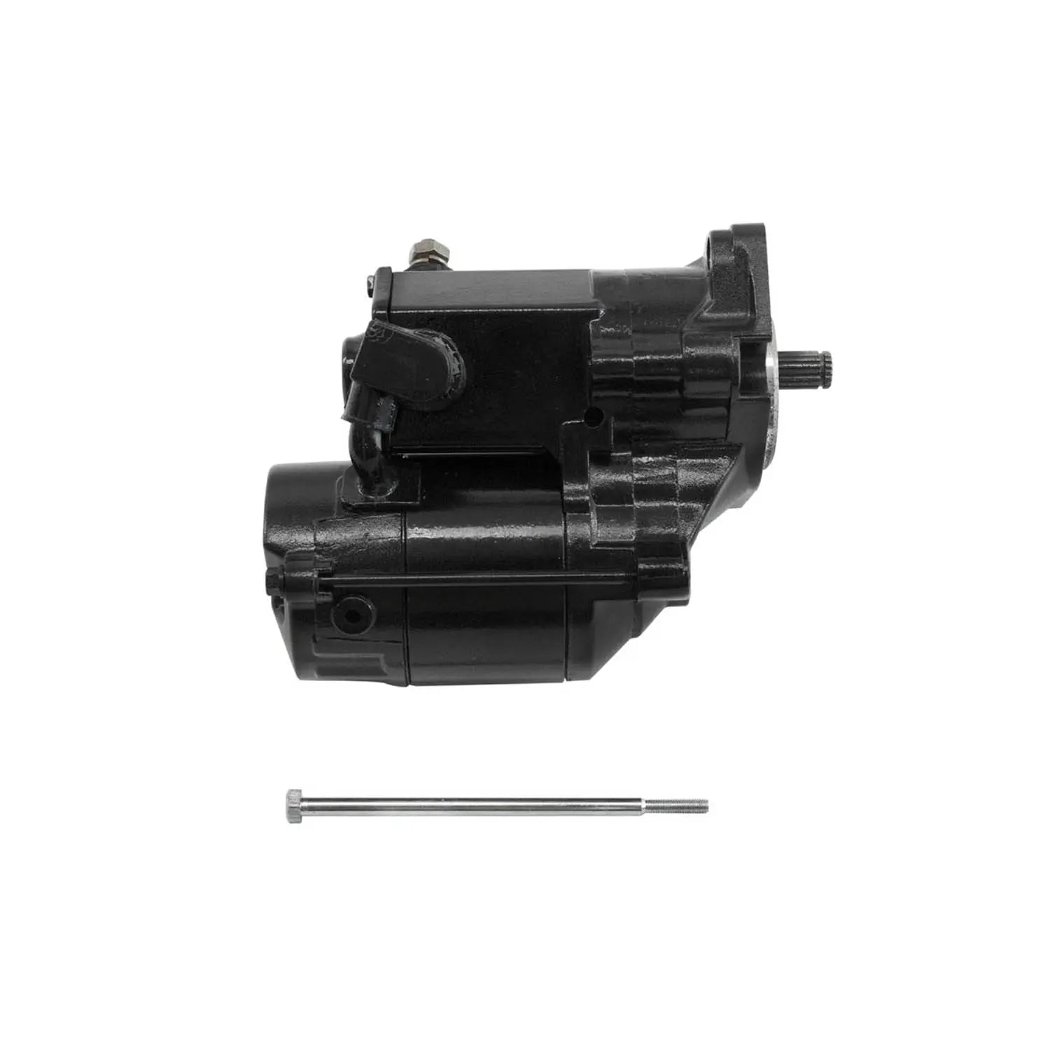 Black cylindrical motorcycle motor starter with attached mounting bracket and a long metal bolt underneath.