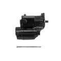 Black cylindrical motorcycle motor starter with attached mounting bracket and a long metal bolt underneath.