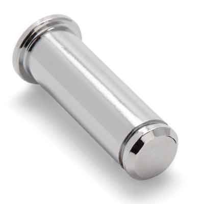 A shiny, cylindrical Foot Peg Pivot Pin by Polaris, featuring reflective surfaces and two wider ends, lies on a white surface at a slight angle, echoing the precision of OEM Victory Polaris components.