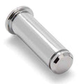 A shiny, cylindrical Foot Peg Pivot Pin by Polaris, featuring reflective surfaces and two wider ends, lies on a white surface at a slight angle, echoing the precision of OEM Victory Polaris components.