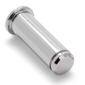 A shiny, cylindrical Foot Peg Pivot Pin by Polaris, featuring reflective surfaces and two wider ends, lies on a white surface at a slight angle, echoing the precision of OEM Victory Polaris components.