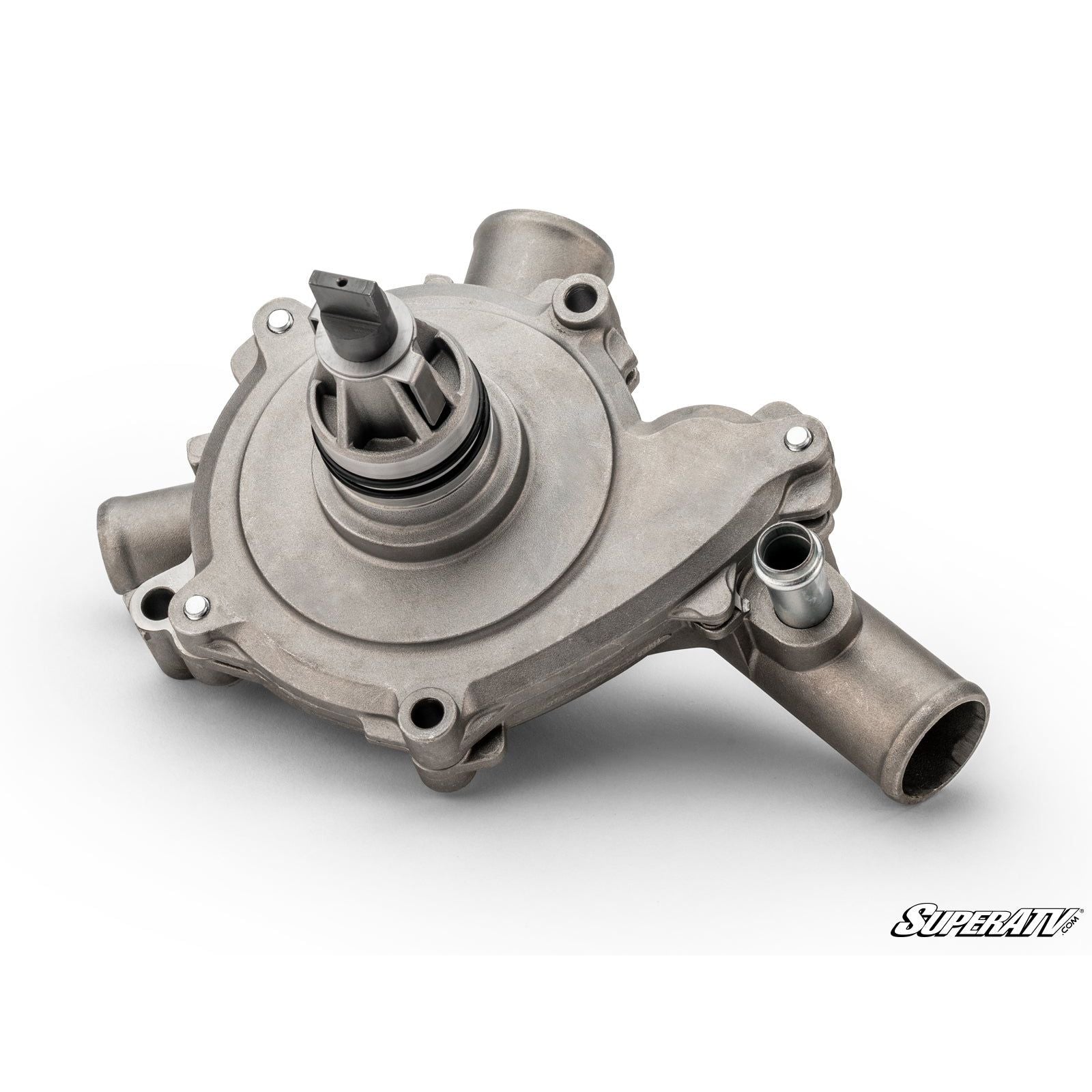 Matte gray metal water pump with cylindrical inlet and outlet tubes, mounting holes, and central shaft assembly.