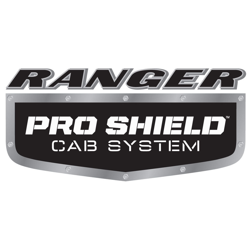 Black and silver metal cab shield with "Ranger Pro Shield Cab System" text and rivet details.