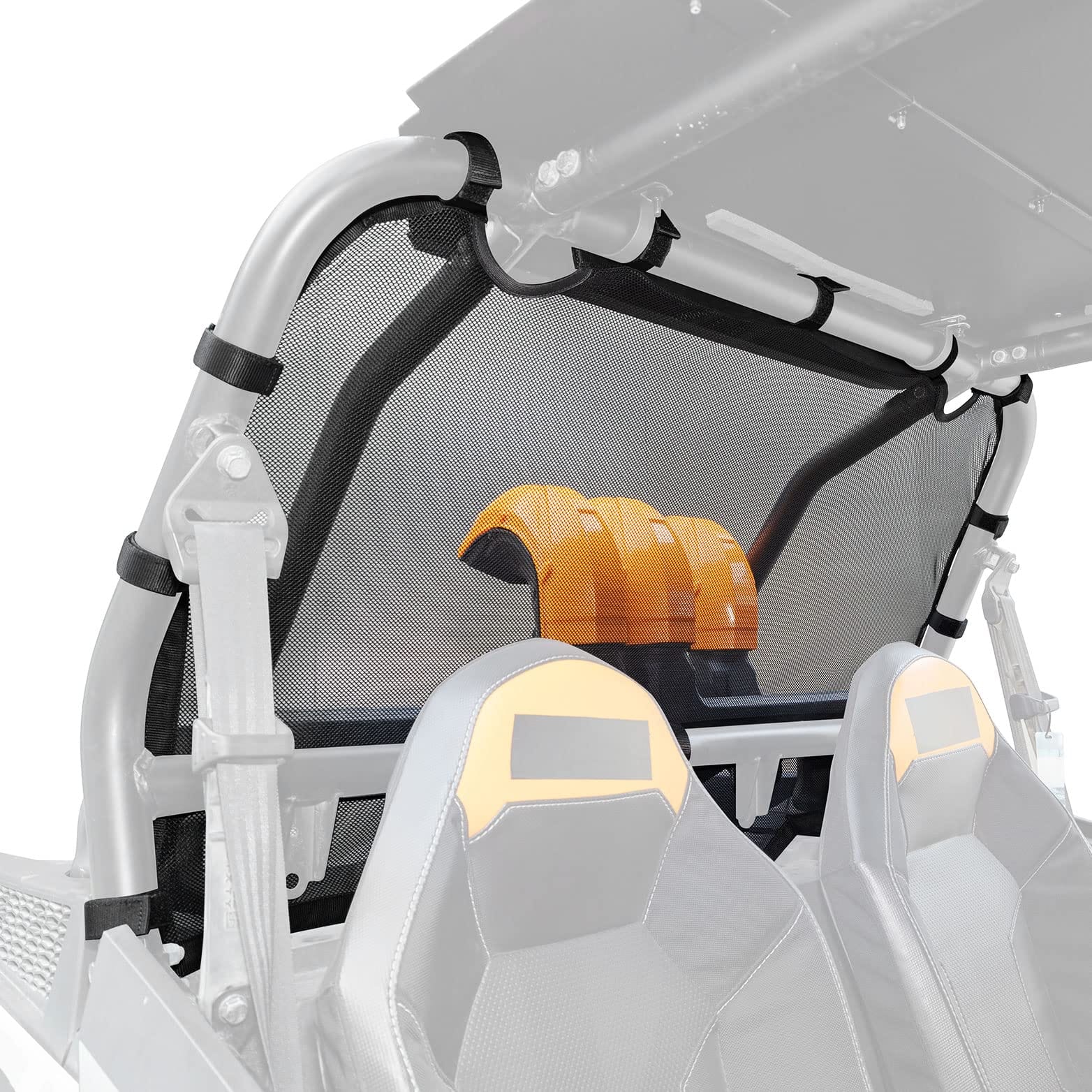 The Kemimoto Rear Window Net Soft Mesh for Polaris RZR XP 1000/4 offers high-density protection, easily attaching to the roll cage, with two gray and yellow seats shown in front.
