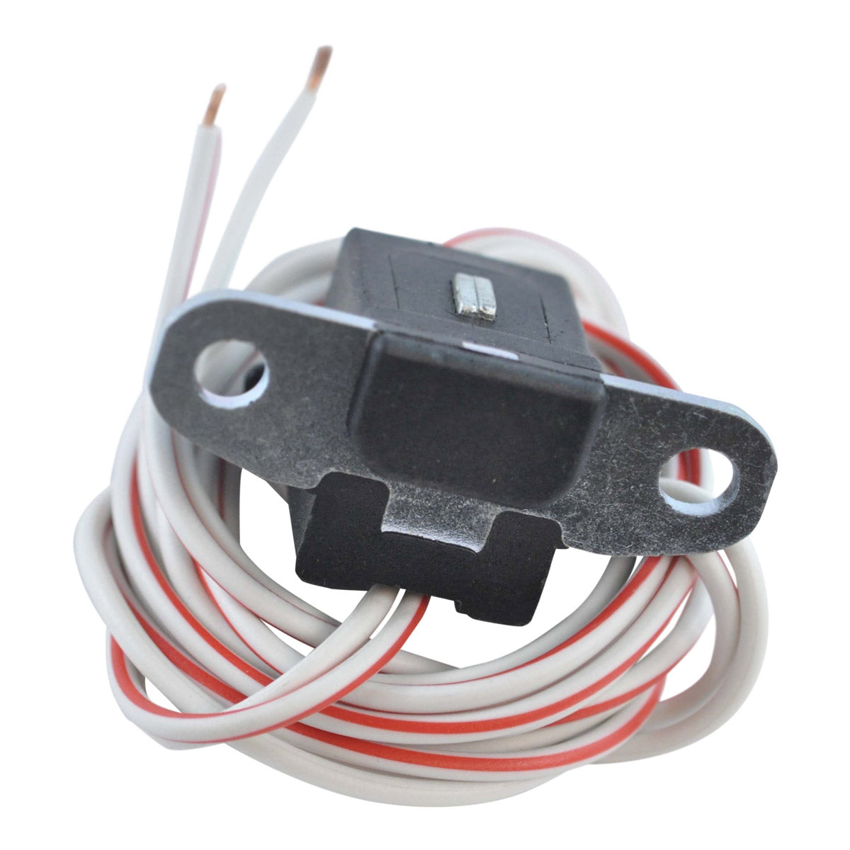 Black rectangular stator pickup pulsar coil with two mounting holes and attached white wires with red stripes.