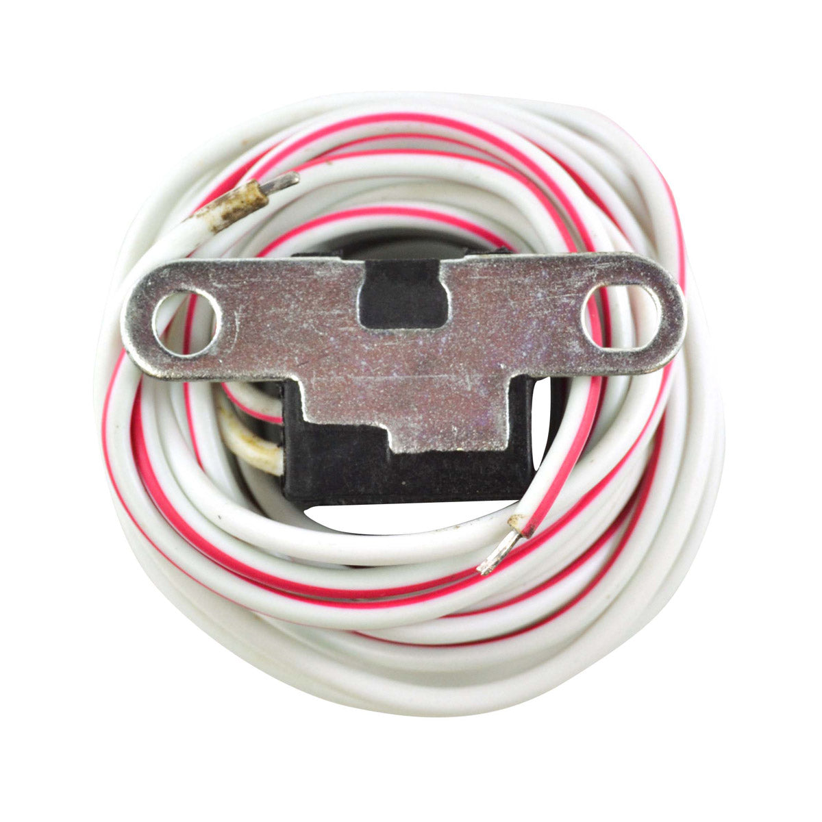 Motorcycle stator pickup coil with metal bracket and coiled white and red wires.
