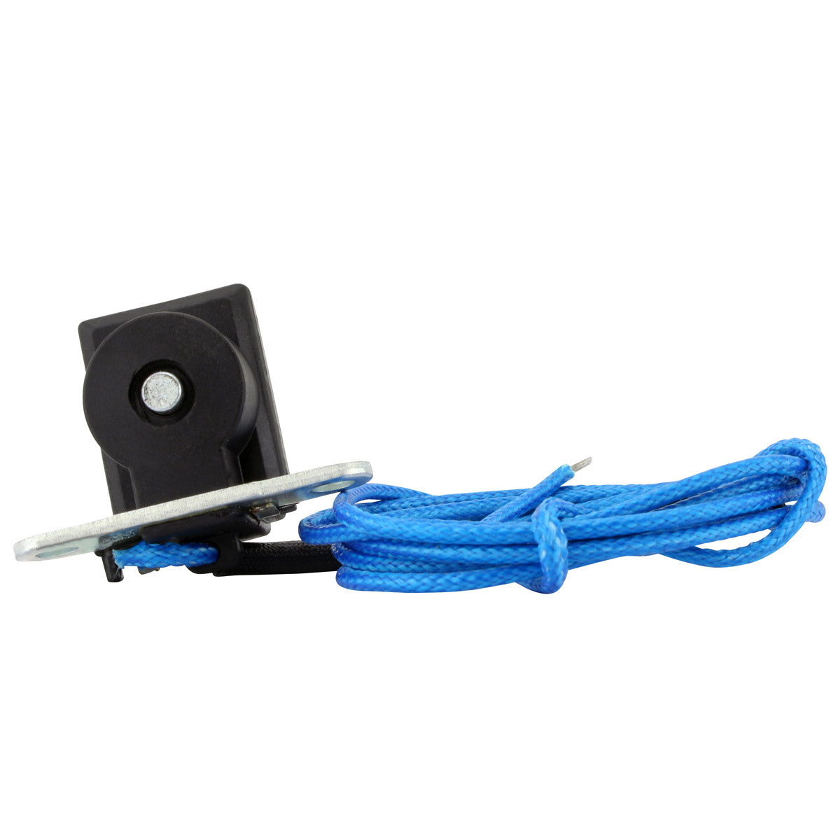Black rectangular pickup coil with a mounting hole and attached bright blue insulated wire looped neatly.