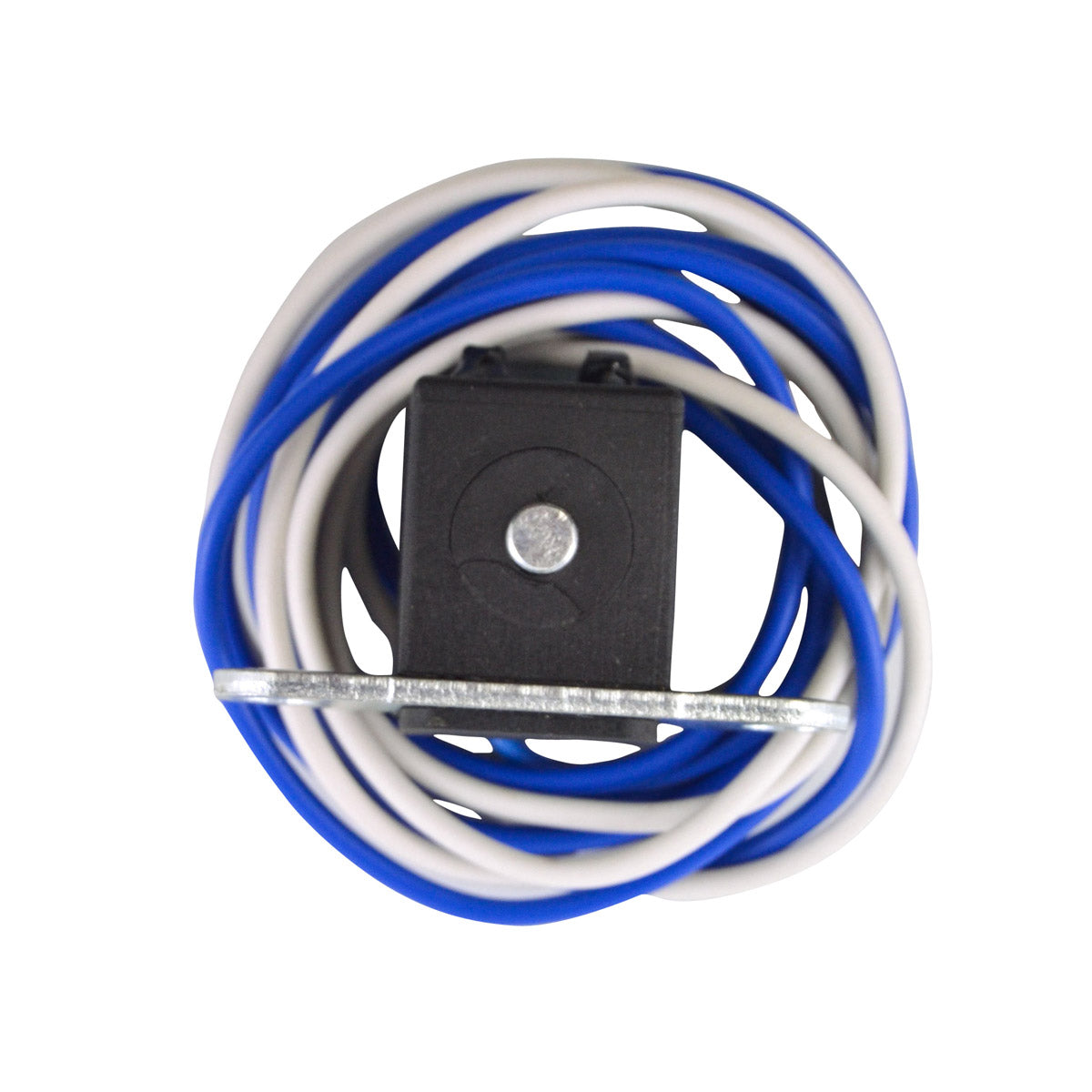 Black rectangular pickup coil with central silver bolt and attached blue and white wires coiled around it.