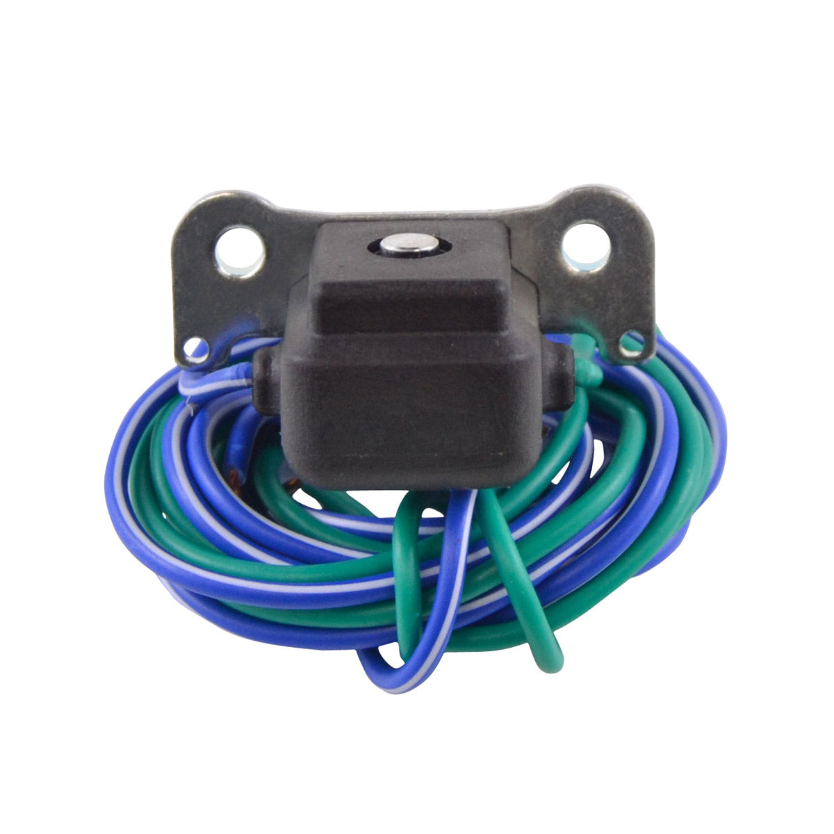 Black rectangular pickup coil mounted on metal bracket with three mounting holes, coiled blue and green wires attached.