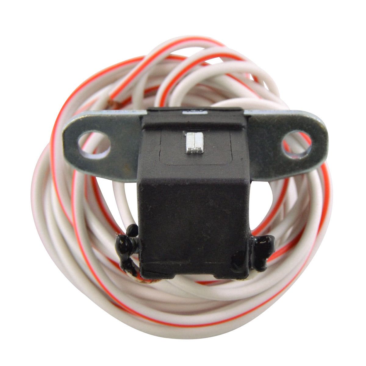 Black rectangular stator pickup coil with two mounting holes and attached white and red insulated wires coiled around it.