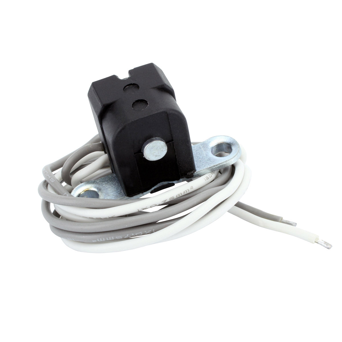 Black rectangular pickup coil with metal mounting bracket and white insulated wire wrapped around it.