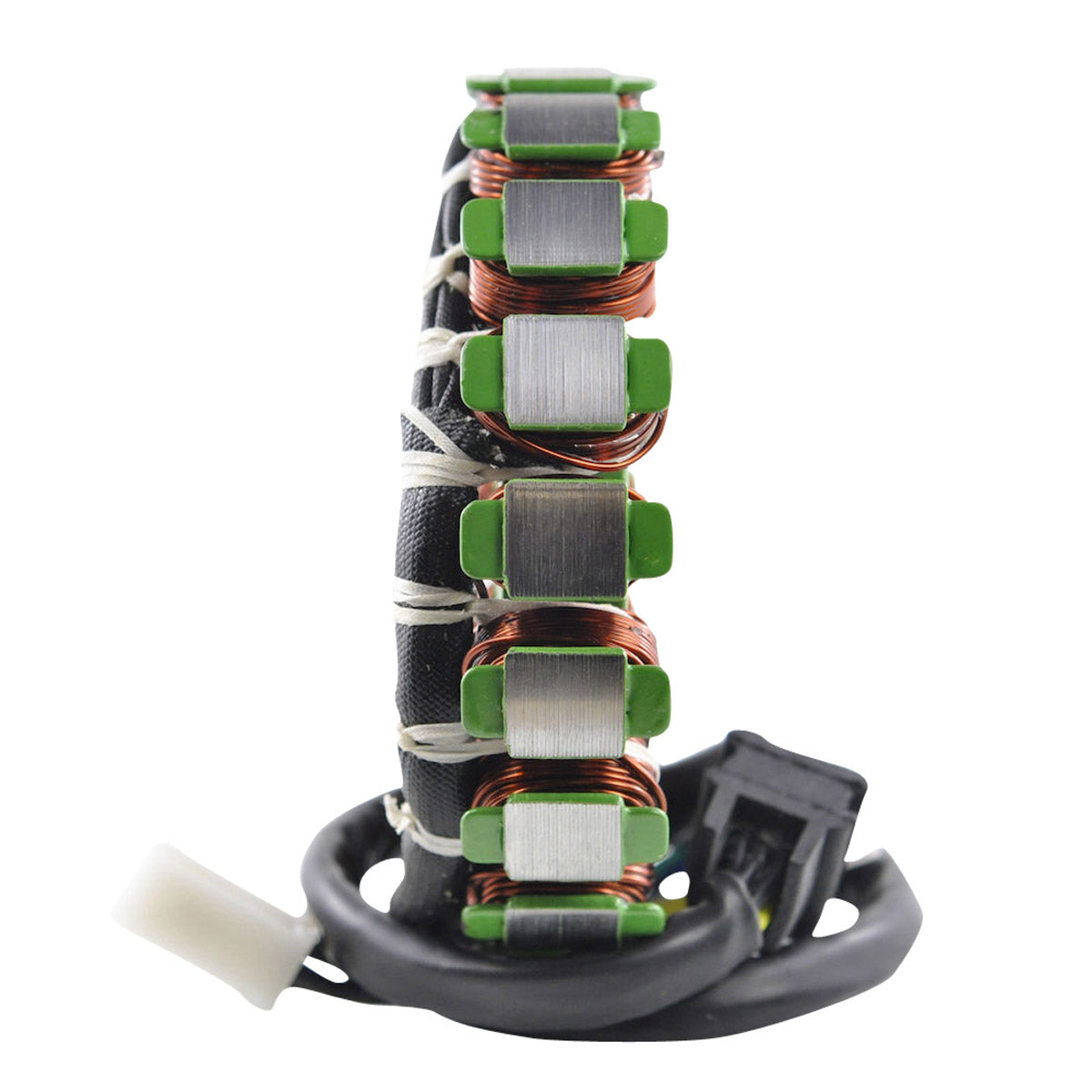 Circular motorcycle stator with copper coil windings around iron core segments and attached black wiring harness.
