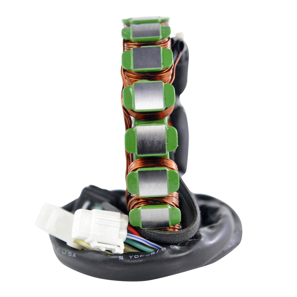 Motorcycle generator stator coil with copper windings, green core, and black wiring harness with white connector.