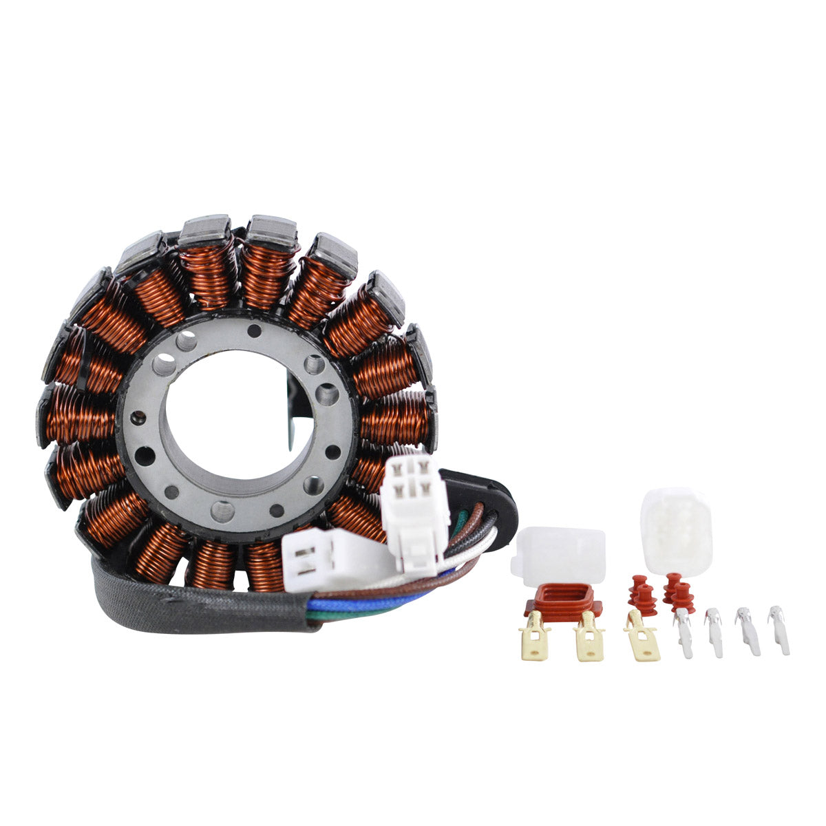Copper coil motorcycle stator with black mounting plate and attached wiring harness, includes white connectors and red and.
