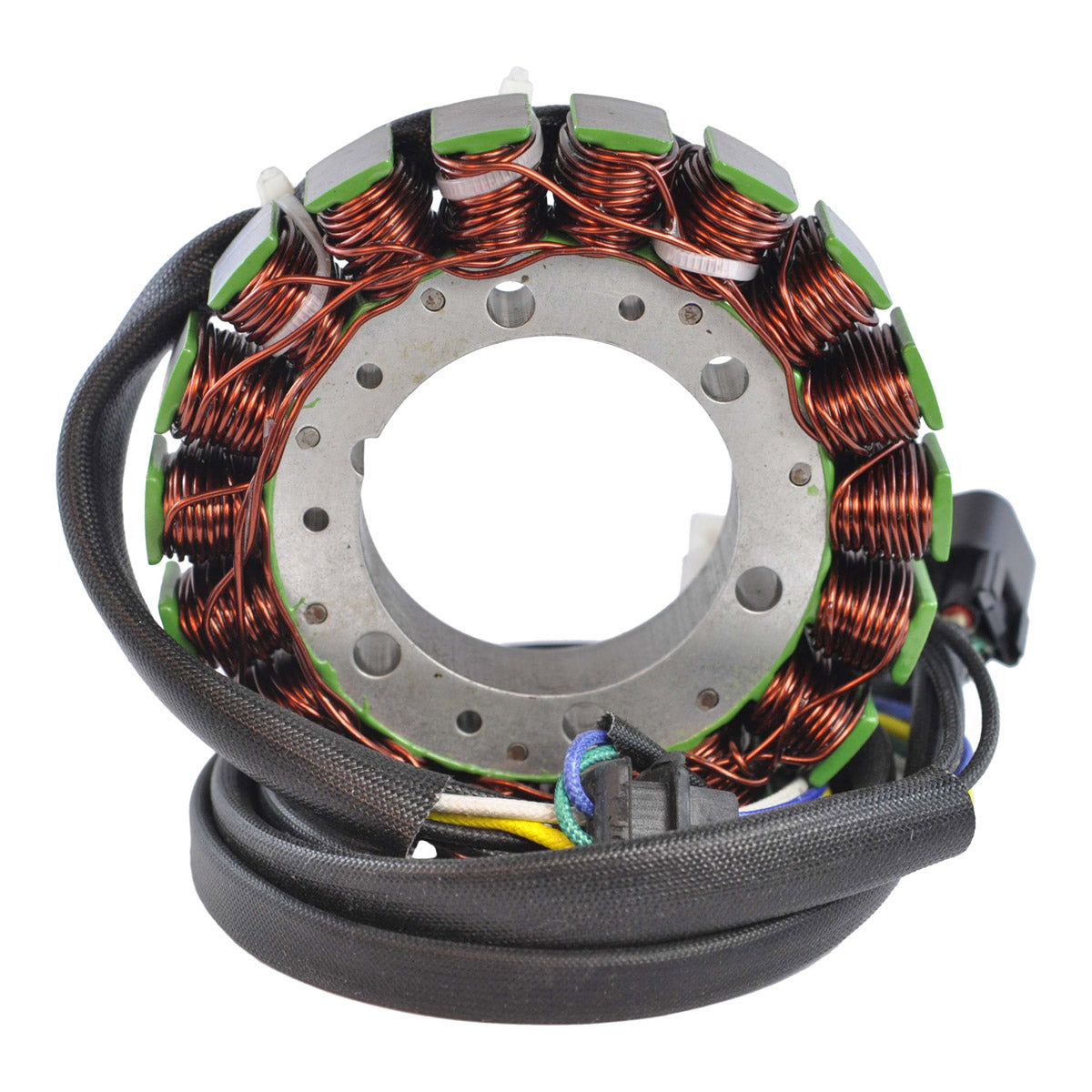 Circular motorcycle stator with copper wire coils around a silver metal core and attached black wiring harness.