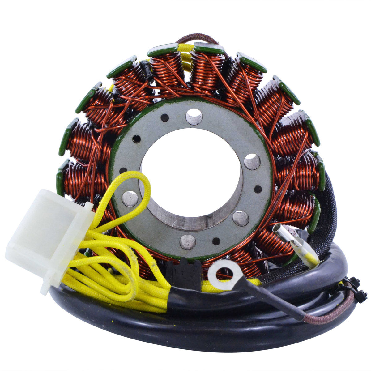 Circular motorcycle stator with copper wire coils wrapped around black metal core, yellow and black wires attached with.