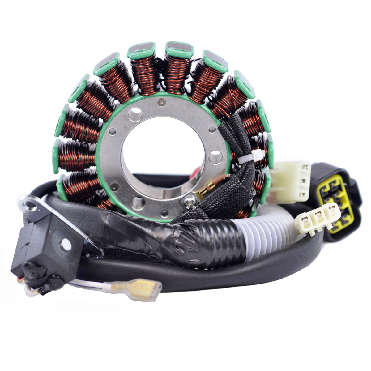 Motorcycle generator stator with copper wire coils, metal core, and black wiring harness with connectors.