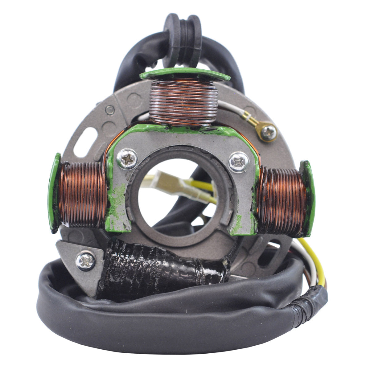 Circular motorcycle stator with copper wire coils mounted on a metal frame and wrapped black wiring harness.