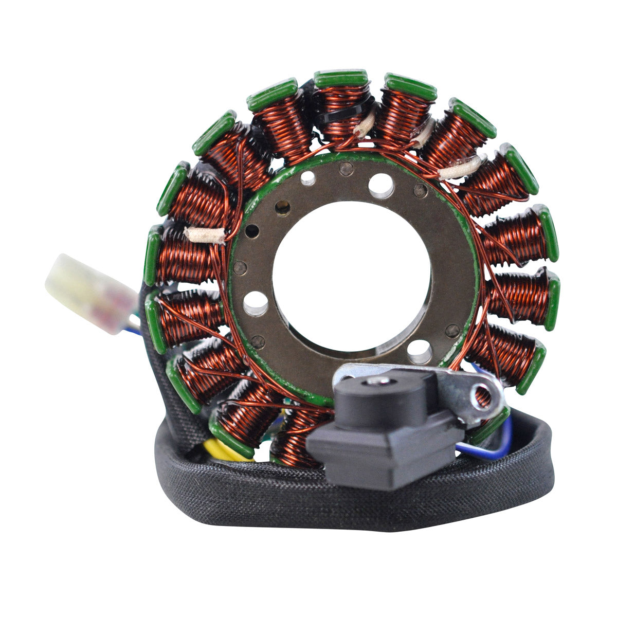 Circular motorcycle generator stator with copper wire coils wound around green mounts and attached black base with connector.