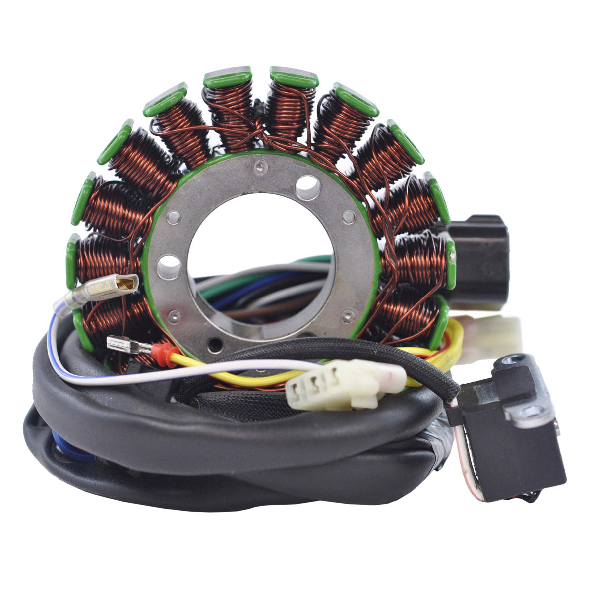 Circular generator stator with copper coils wrapped around a silver metal core and multiple attached colored wires ending in