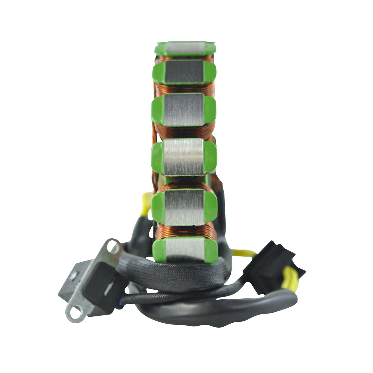 Motorcycle generator stator with copper coils, metal core, and attached black wiring harness with yellow connector.